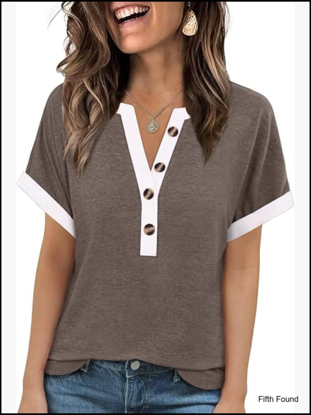 V Neck Short Sleeve Button Casual Lightweight Henley Blouse Top